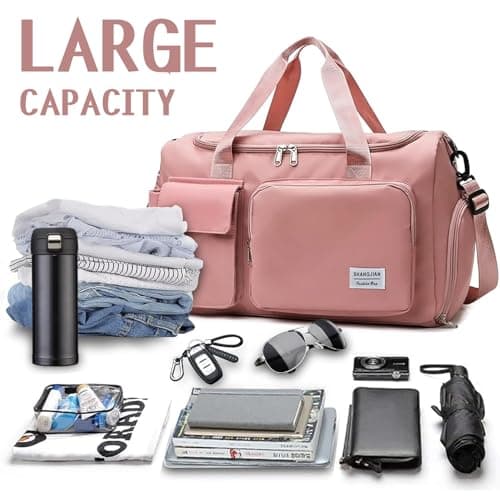 Mens Womens Sports Gym Bag Duffle Bag with Shoes Compartment, Water Resistant Holdall Hospital Bag for Swimming, Weekend Travel Bag Overnight Bag for Women (Pink) — view 6