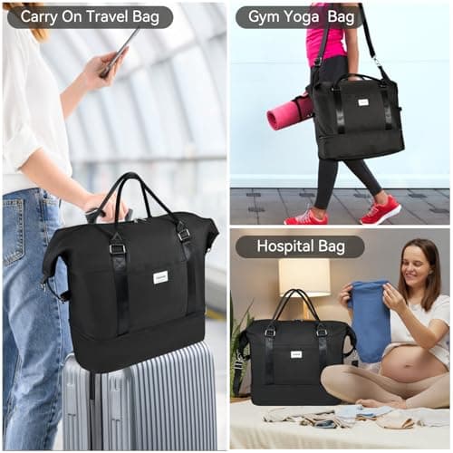 Voova Weekend Overnight Bag for Women, Large Travel Duffle with Shoes Compartment, Carry On Tote Bag with Toiletry 、Cosmetic Bag、Shoes 4 Pack Set for Ladies Gym, Hospital, Yoga, Black — view 6