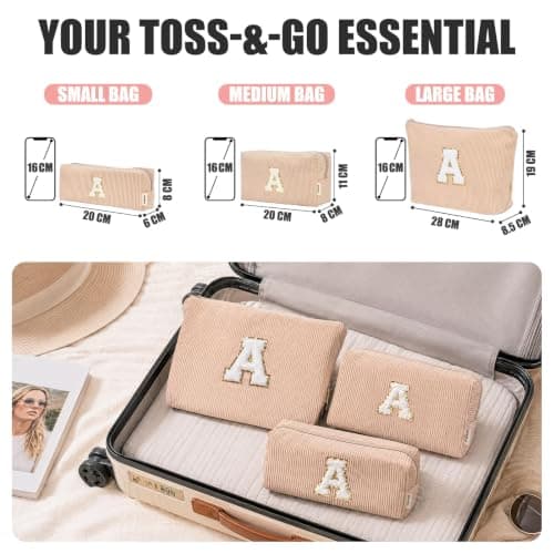 Vavabox 3Pcs Initial Makeup Bags Set Birthday Gifts for Women (A, Khaki) — view 5