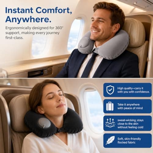 QhgPnt 2-Pack Blow Up Neck Pillow for Travel, Inflatable U Shape Cushion, Press to Inflate Neck Pillow, Travel Pillow Black and Grey for Airplanes, Trains, and Office Naps — view 6