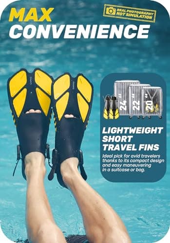 CAPAS Snorkel Fins, Swim Fins Travel Size Short Adjustable for Snorkeling Diving Adult Men Women Kids Open Heel Swimming Flippers (Yellow, S/M) — view 6