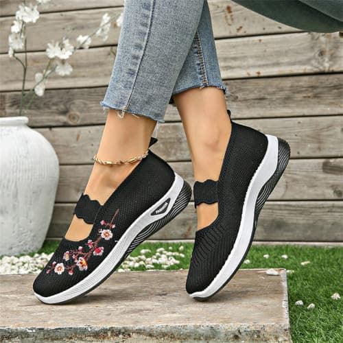 Ladies Running Trainers, Orthopedic Shoes for Women Wide Fit Slip On Walking Loafers Breathable Mesh Non-Slip Shoe Lightweight Arch Support Comfort Flats for Work Travel Casual Sneakers Black — view 4