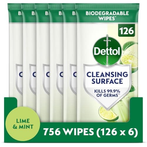 Dettol Antibacterial Cleansing Surface Biodegradable Wipes, Lime and Mint, 756 Wipes (126 x 6pck), Disinfectant, Home Hygiene, Kills 99.9 Percent of Germs