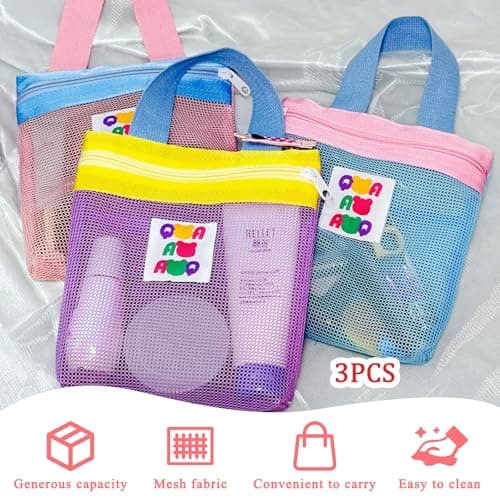 FOSDICK 3 Pieces Mesh Shower Bag 22 x 20cm Caddy with Zipper Toiletry Tote Hanging Wash Bag Colourful Washbag Quick Dry Toiletry Bags for College Dorms, Gym, Beach, Camping, Swimming, Yoga and Travel — view 2