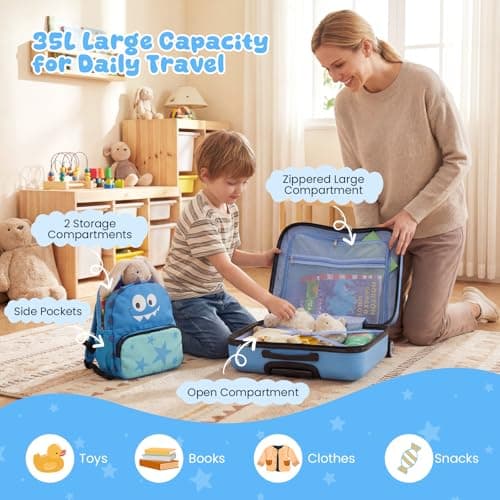 COSTWAY 2PCS Kids Luggage Set, Children Backpack and Ride-on Suitcase with Footrest, Anti-Lose Rope, Travel School Trolley Hardshell Case for Boys Girls (Dinosaur, 28cm Backpack + 33cm Suitcase) — view 2