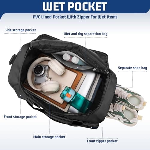 Waterproof Gym Bag Duffle Bag with Wet Pockets and Shoe Compartment, Durable Sports Holdall Bags Travel Bag for Women Man, Weekend Travel Overnight Bag (Black) — view 2