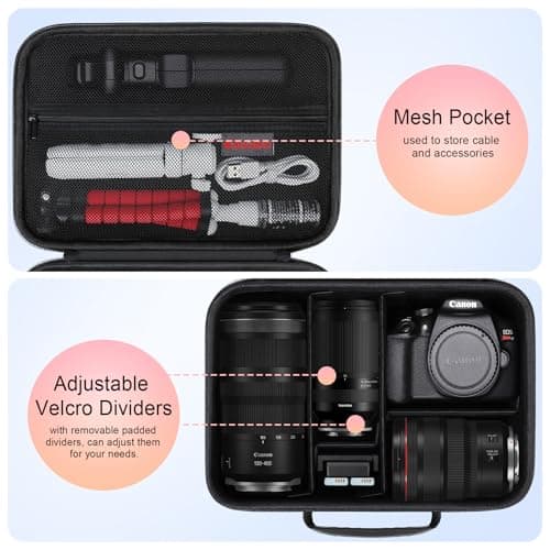 Elonbo Carrying Case for Canon EOS 2000D/4000D/R50/R6 Mark II/R100/R8/R10/ Sony Alpha 7 III /7 IV/a6400/ZV-E10/Panasonic Lumix FZ82D Camera, Hard Travel Bag for Lens and Tripod, Black+Shoulder Strap — view 4