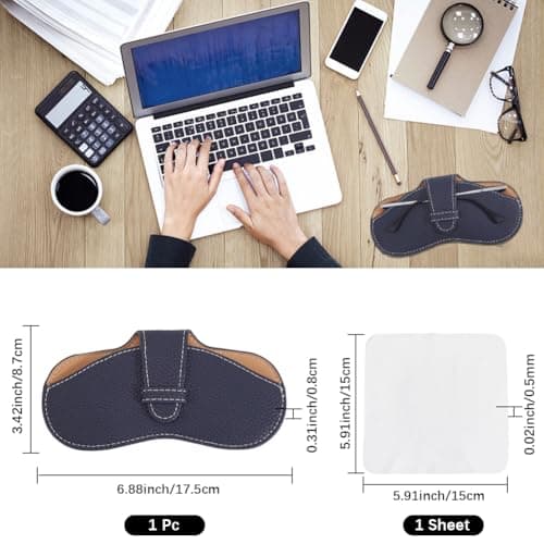 CREATCABIN Leather Sunglasses Case Portable Slim Glasses Case Bag Lightweight Travel Eyeglasses Holder Pouch Cover with Soft Cleaning Cloth for Women Men Holiday Vacation 6.9x3.4 Inch Prussian Blue — view 2