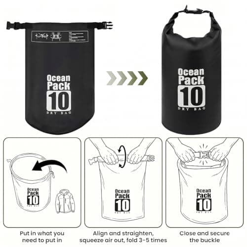 URAQT Waterproof Dry Bag, 10L Durable PVC Roll Top Dry Sack with Single Adjustable Shoulder Strap, Canoe Bags Storage Bags for Kayaking, Boating, Beach, Swimming, Camping and Outdoor Sports(Black) — view 6