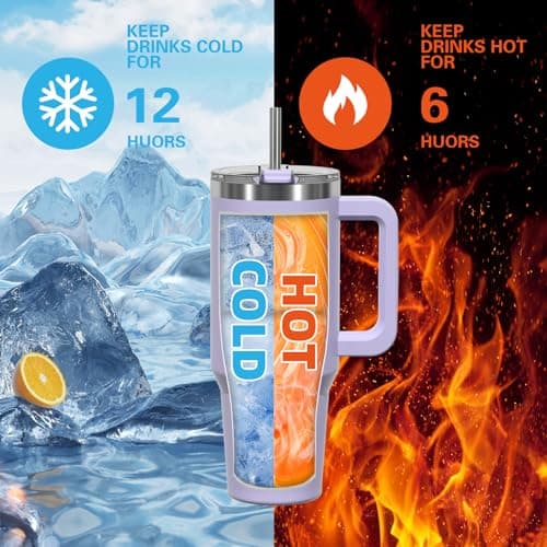 WATERSY Travel Mug Coffee Cup 40oz Tumbler Straw Lid and Handle, Stainless Steel Double Wall Vacuum Insulated Coffee Water Bottle Thermal for Cold Hot Coffee 1182ml Purple — view 4