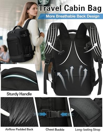 KLOSTAIN for Easyjet Cabin Bag 45x36x20 Travel Backpack Hand Luggage Carry-ons Bag Laptop Backpack Ruscksack for Airplanes Flight New Easyjet Underseat Cabin Bags Fit 14" Laptop Black — view 5
