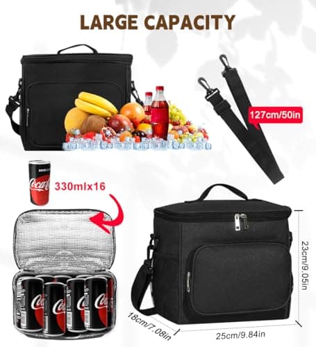 TIECHI 10L Insulated Lunch Bag, Large Leakproof Thermal Lunch Box Bag for Men/Women/Adults Cool Bag with Adjustable Shoulder for Work Beach Picnic Camping (Black) — view 3