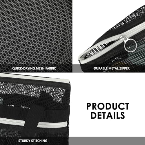GYEUKHAM Mesh Shower Bag with 2 Zipper Pockets & Dual Handles, Quick-Drying Hanging Shower Caddy for College Essentials,Sunscreen,Dorm, Gym, Travel & Camping, Black — view 6