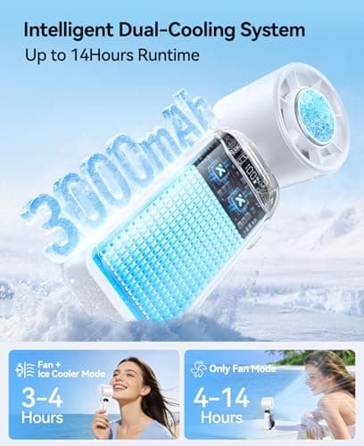 KIMMOO Handheld Portable Turbo Fan with Ice Cooler, Powerful 21000 RPM, Speed (1-199), Up to 14Hrs Cooling, Rechargeable Personal Fan, Small Pocket Hand Fans for Travel/Outdoor/Home/Office (White) — view 6