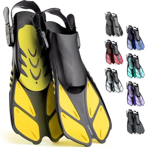 CAPAS Snorkel Fins, Swim Fins Travel Size Short Adjustable for Snorkeling Diving Adult Men Women Kids Open Heel Swimming Flippers (Yellow, S/M)