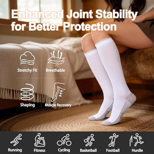 YUEDGE Womens Compression Athletic Running Sokcs for Women Size 4-7, White Travel Flight Socks Graduated Compression Stockings for Sports Cycling Fitness, 3 Pairs — view 6