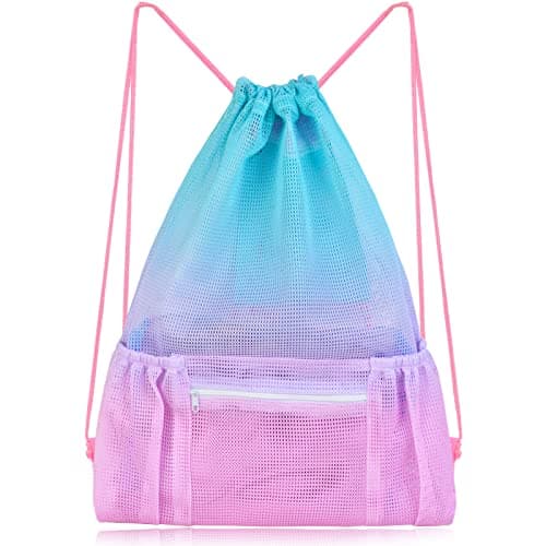 Mesh Drawstring Bag with Zipper Pocket, Beach Bag for Swimming Gear Backpack Gym Storage Bag for Adult Kids Pink Blue