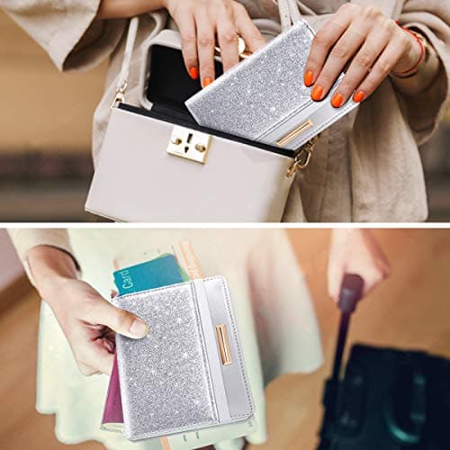 Passport Holder Cover Travel RFID Blocking Passport Cover Rose Gold Cute Flowers Passport Wallet with Elastic Band for Women, Silver, Casual — view 5