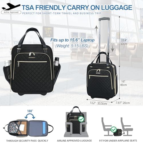 EMPSIGN 16" Underseat Cabin Bag with Wheels, Black-Gold Zipper — view 2