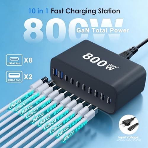 Gan Fast USB C Charging Station, 800W 10-Port USB C Charging Hub with 140W PD 100W PPS, Multi-Device Power Adapter Block for Laptop Phone Tablet Steam Deck — view 2