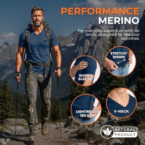 menique Men's 100% Merino Wool V-Neck T-Shirt Lightweight Top, Denim, XL — view 4