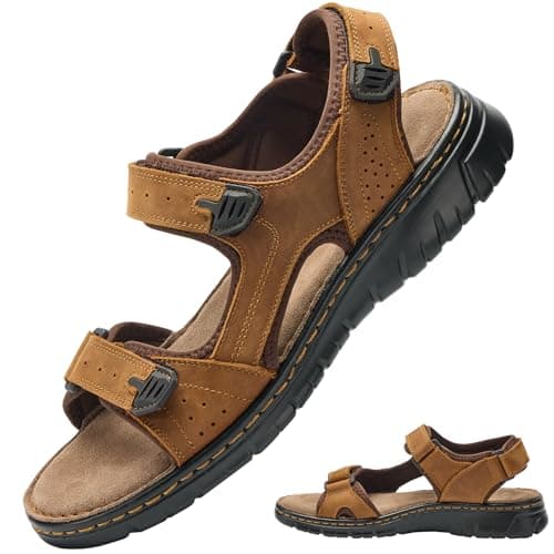 7STROBBS Wide Fit Mens Sandals, Real Leather Walking Sandals for Men, Open Toed Sports Outdoor Sandal with Adjustable Strap for Summer, Holidays, Beach, Hiking, Boating, Towns, Light Brown UK 9