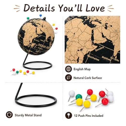 Exerz Cork Globe 14cm Pinnable English Map with Pins, Black Stand — view 4