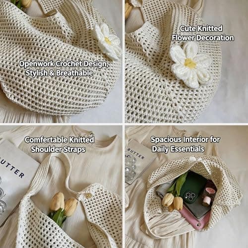 ZAUXVAI Crochet Mesh Tote Bag, Knitted Flower Shoulder Bag, Openwork Breathable Beach Tote Bag, Boho Woven Mesh Shopping Bag, Large Capacity Summer Casual Bag for Women — view 4