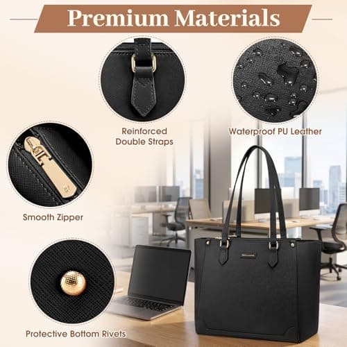 RAINSMORE Handbag for Women Laptop Bag 14 Inch Ladies Large Tote Bag with Zipper Pocket Waterproof PU Leather for Office Business Shopping Travel Black — view 4