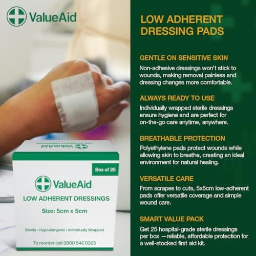 Value Aid Low Adherent Dressing Pads - 5cm x 5cm Hypoallergenic Sterile Wound Care, Non-Stick Surface for Gentle Removal - Individually Wrapped Medical Dressings for Cuts & Grazes (25 Pack) — view 3