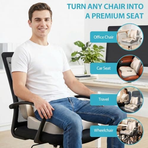 Seat Cushion and Lumbar Support - Memory Foam Chair Cushion and Back Support for Tailbone & Back Pain Relief Ergonomic Coccyx Cushion for Home Office & Wheelchair Car Seat Cushions for Driving, Beige — view 3