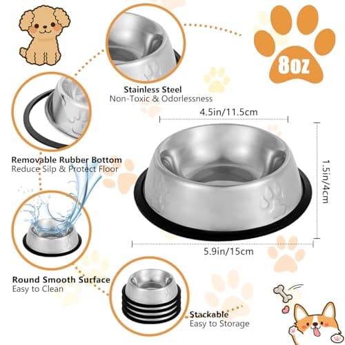 Stainless Steel Cat Bowls, 4 Pack Metal Dog Bowls for Food and Water, Non-Slip Pet Feeding Dish Bowl With Rubber Base for indoor Cats Small Dogs — view 2