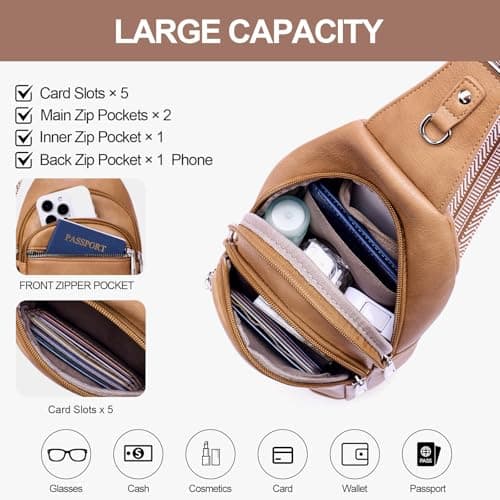 Lexiyat Anti Theft Crossbody Bags for Women Travel Chest Sling Bag Leather Handbags Fanny Pack Camelbrown — view 4