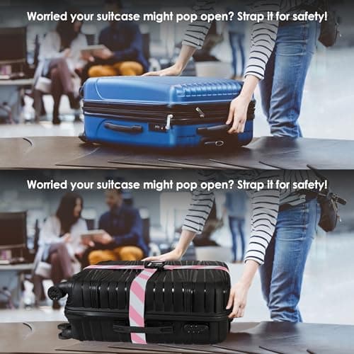 Adjustable Luggage Straps for Secure Travel,TSA Approved Heavy Duty Suitcase Belts with Quick-Release Buckle, Durable Travel Straps for Luggage Protection and Easy Identification 3 Pack (White Pink) — view 4