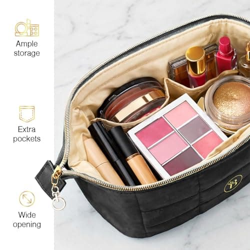 Quilted Black Makeup Bag for Women, Travel Toiletry Bag with Wide-Open Top & Zipper Pouch, Travel Makeup Case Organizer with Internal Pockets, Puffy Cosmetic Pouch for Everyday Essentials — view 2