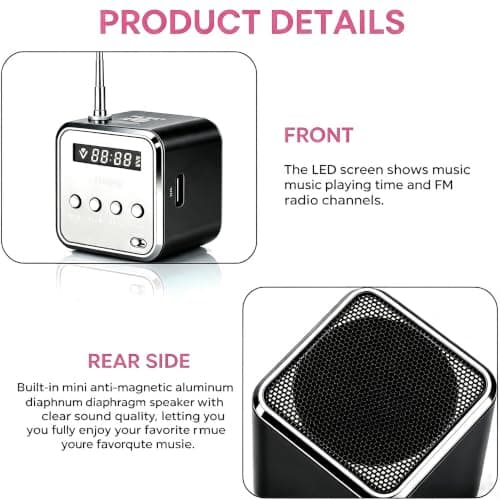 Mini Radio Bluetooth Speaker, Portable FM Radio, Outdoor Wireless Mini Speaker, Music Speaker, MP3 Player, Sound Station, USB, Line-In, Micro SD TF (Black) — view 2