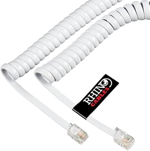 rhinocables RJ10 Coiled Handset Cord (3m) Curly Telephone Cable for BT Landlines & Office Phones | Full Copper Internal Wiring & Gold Plated 4P4C Plugs for Crisp Communication (7 Pack, White)