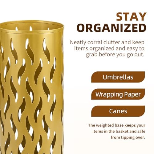 HUAXITRA Umbrella Stand Metal Umbrella Holder for Entryway, Umbrella Storage Rack with 4 Hooks Decor, Walking Stick Stand Indoor/Outdoors for Entryway Home, Office, 15 × 15 × 42cm (Gold) — view 4