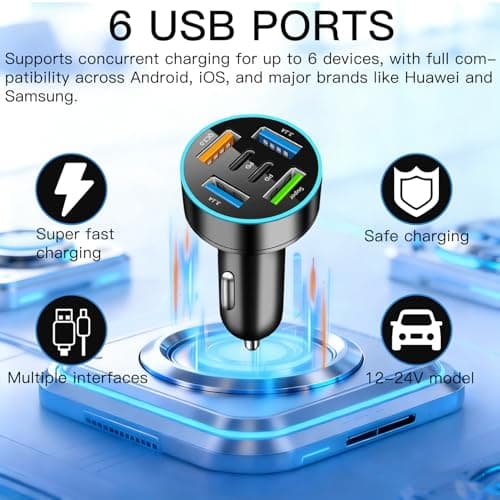 50W USB C Car Charger 6-Port, 2 USB C + 4 USB Adapter for 12V-24V — view 3