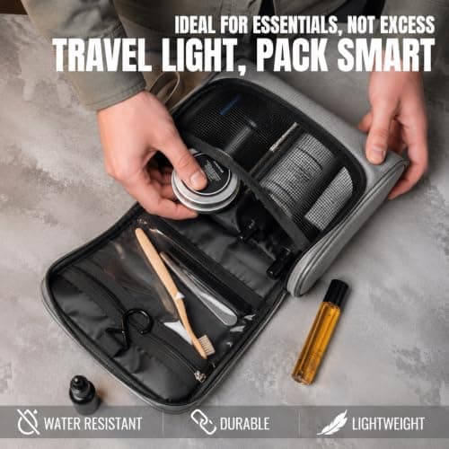 Wash Bag for Men, Hanging Toiletry Bag - Men's Travel Wash Bag with Refillble Shampoo Bottles, Compact Toiletry Organiser | Water Resistant Dopp Kit, Travel Essentials, Gifts for Men (Grey) — view 2