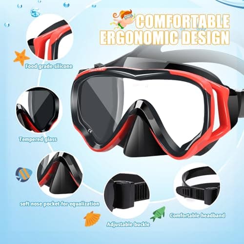 HIKOTEY Children's Snorkel Set,Panoramic Wide View Diving Mask,Snorkeling Gear Anti-Leak and Anti-Fog Tempered Glass Lens,Dry Snorkel Tube,Includes Earplugs and Nose Clip for Age 4-16 Years(Red+Black) — view 2
