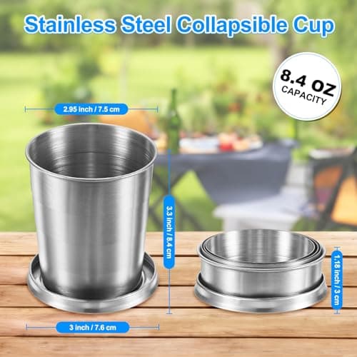 M METERXITY Stainless Steel Collapsible Travel Cup, 8.4oz(250ml) Reusable Collapsible Metal Cup Portable Foldable Water Bottle with Lid and Keychain for Travel/Camping/Hiking — view 3