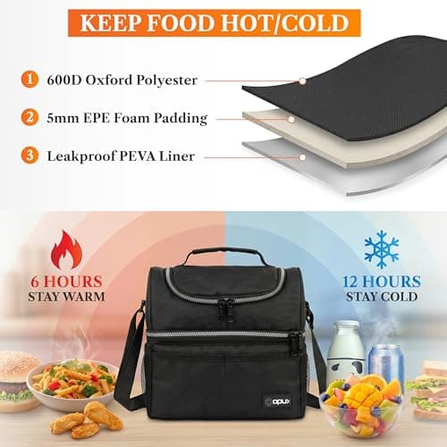 opux Insulated Lunch Bag for Men Women, Double Decker Leakproof, Black — view 3