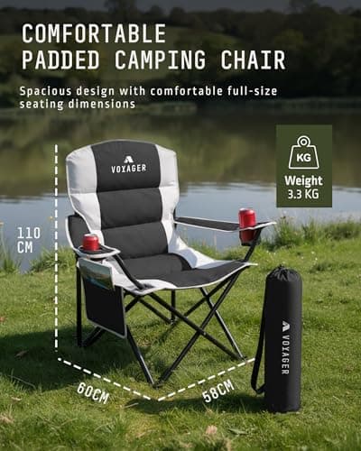 Voyager Folding Camping Chairs 2 Pack with Cooler Bag, Lightweight Q195 Steel Frame, 600D Oxford Fabric, Portable & Comfortable - Black (Black, Padded) — view 3