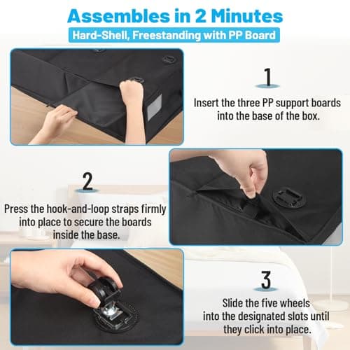 Kukikan Under Bed Storage on Wheels, 2-Pack 24 CM XXL 75L Rolling Under Bed Storage Bag with Zip, Simple Assembly Under Bed Storage Box with Lid & Label, Under Bed Drawers for Clothing, Shoes, Black — view 6