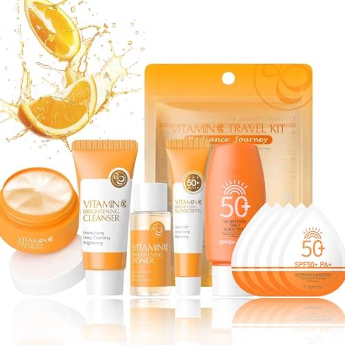 10Pcs Vitamin C Skincare Set & Facial Kit for Outdoor & Beach, Travel Size Skincare Set with Cleanser, Toner, Moisturiser & Sunscreen SPF 50, Brightening Anti-Aging Gift