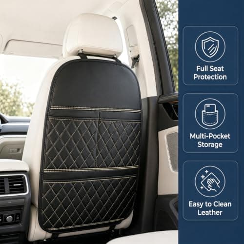 Minifactory 2Pcs Car Seat Back Anti Kick Mat PU Leather Waterproof Backrest Protector Pad with Storage Pockets Kick-Resistant Automotive Interior Accessories Universal Black (Gold Checkered Pattern) — view 3
