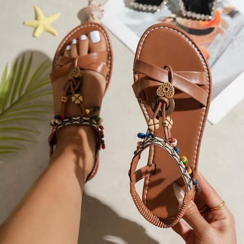 Generisch Boho Sandals with Beaded Roman Strap Casual Flat Beach Sandals for Summer Travel Daily Wear, brown, 5 UK — view 3