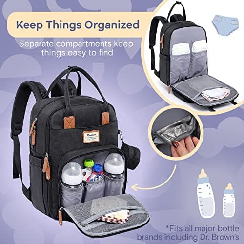 RUVALINO Baby Changing Bag Backpack, Neutral All-in-One Baby Bags for, Multifunction Large Travel Backpack with Portable Changing Pad, Stroller Straps, Pacifier Case and Insulated Pockets, Black — view 4