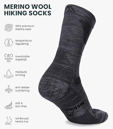 Merino Wool Socks Mens and Womens - Merino Wool Hiking Socks Crew Style (Charcoal Pack of 3, 9-12) — view 2